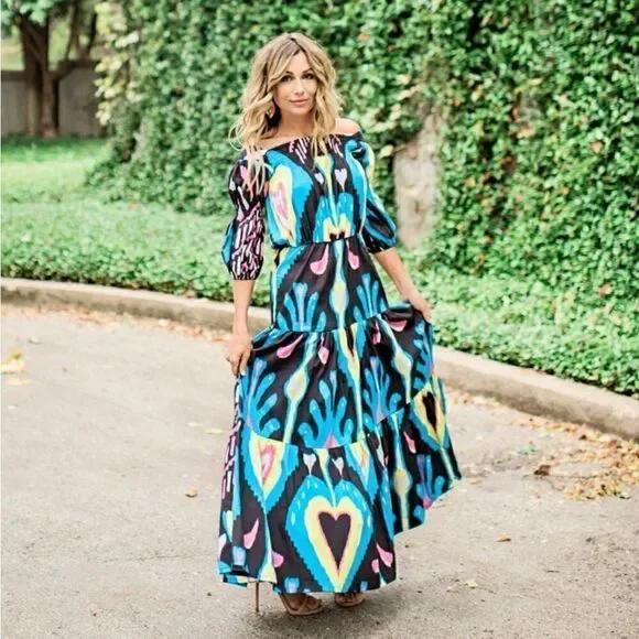 Sheridan French Women’s Size Medium Isabel Maxi Dress Black Blue Heart Ikat NWOT - Picture 3 of 14